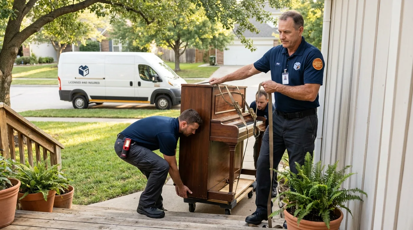 Licensed piano movers securing grand piano in Humboldt, KS